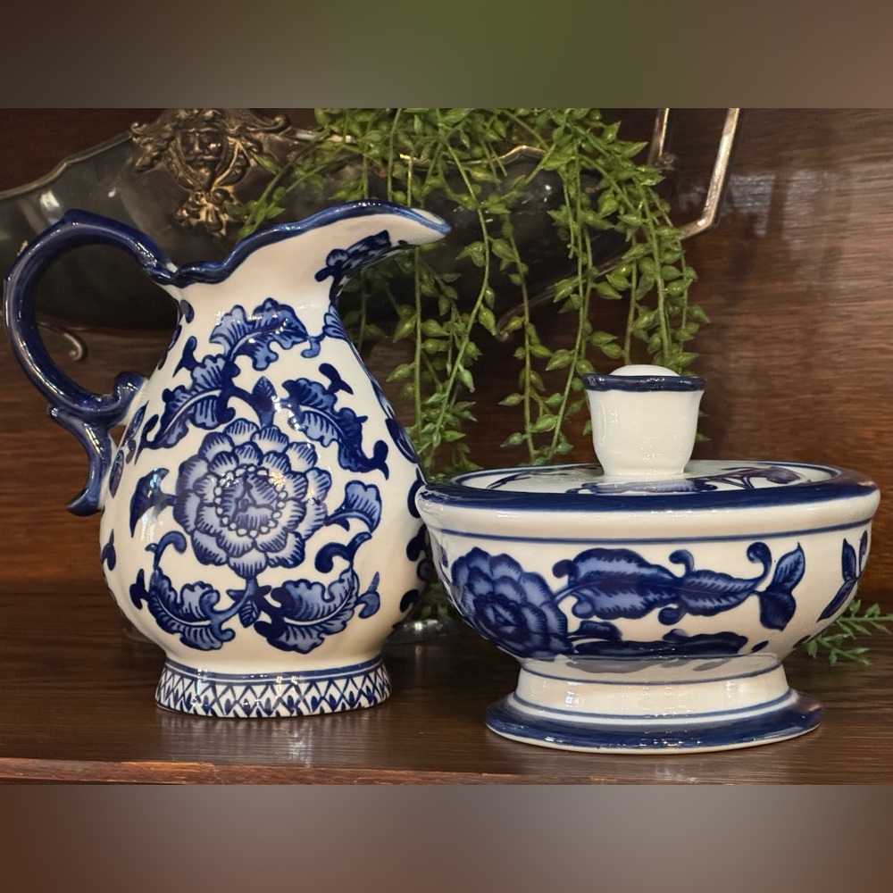 2 Piece Floral Ceramic Blue and White Sugar & Cream Set The Bombay Company